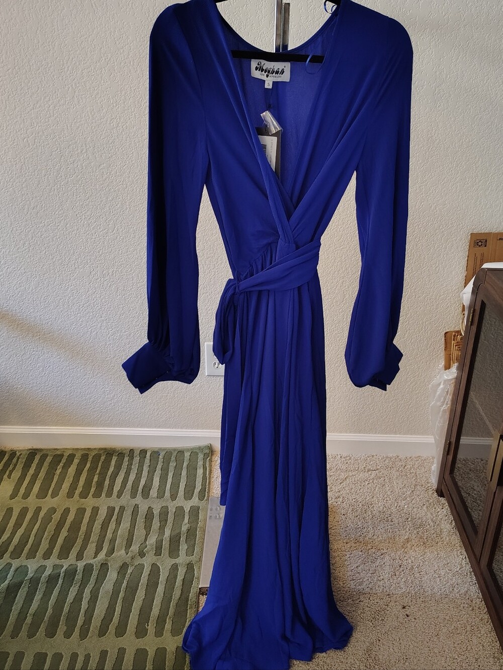 Nwt Meghan LA Los Angeles Dress M Royal Blue V-Neck Self Tie Wrap Maxi Small - Picture 2 of 7
